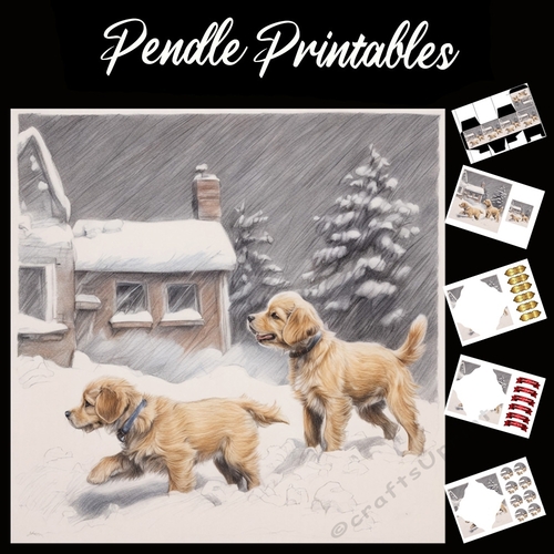 Puppies Playing In The Snow. Christmas Card. 7x7 card kit. Matching Box, Gift Bauble,Tag.
