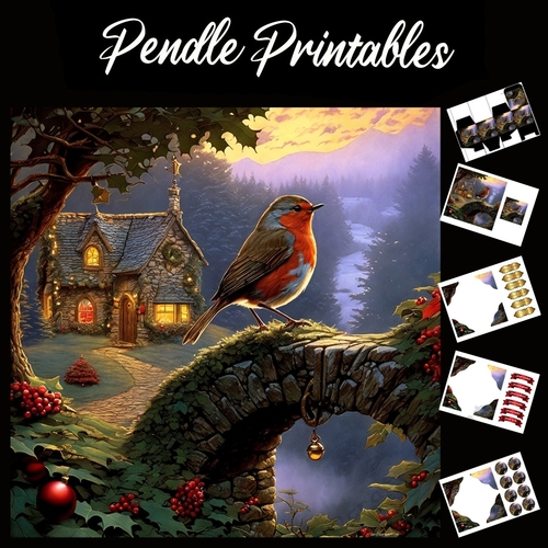 On The Bridge. Robin Christmas Card. 7x7 card kit. Matching Box, Gift Bauble,Tag.