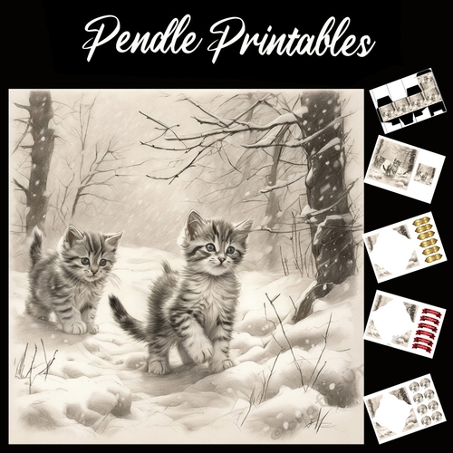 Going Home . Kitten Christmas Card. 7x7 card kit. Matching Box, Gift Bauble,Tag.
