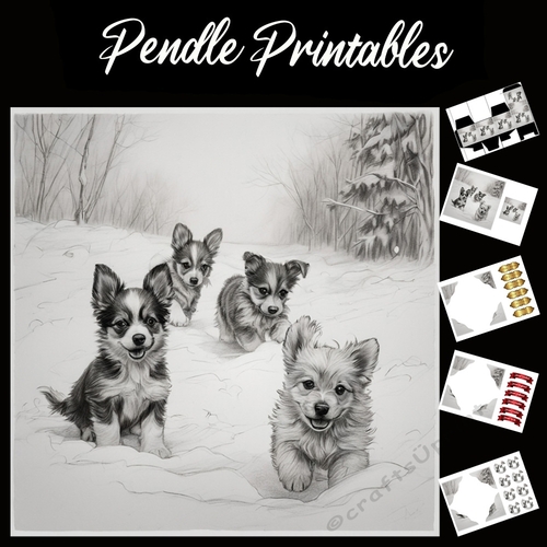 Its Playtime . Puppy Christmas Card. 7x7 card kit. Matching Box, Gift Bauble,Tag.