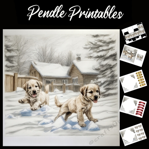 Playing In The Snow . Labrador Puppy Christmas Card. 7x7 card kit. Matching Box, Gift Bauble,Tag.