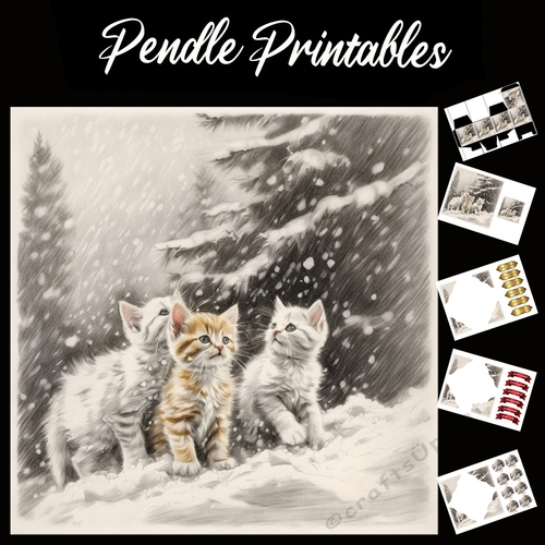 We three Kittens. Kitten Christmas Card. 7x7 card kit. Matching Box, Gift Bauble,Tag.
