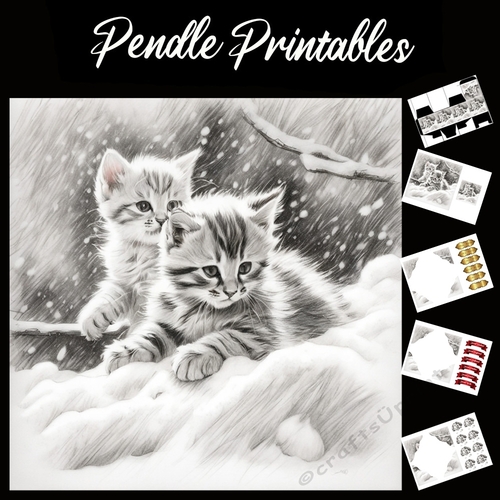 Fun In The Snow. Kitten Christmas Card. 7x7 card kit. Matching Box, Gift Bauble,Tag.