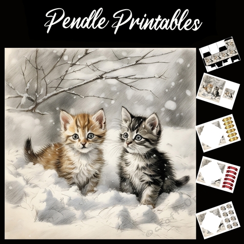 Sisters In The Snow . Kitten Christmas Card. 7x7 card kit. Matching Box, Gift Bauble,Tag.