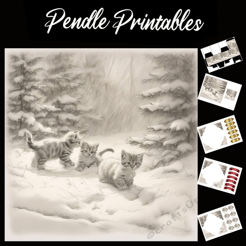 Triple Threat . Kitten Christmas Card. 7x7 card kit. Matching Box, Gift Bauble,Tag.