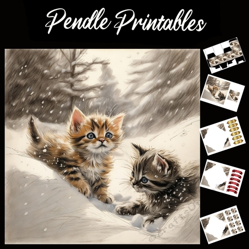 Ginger Snap Snow . Kitten Christmas Card. 7x7 card kit. Matching Box, Gift Bauble,Tag.