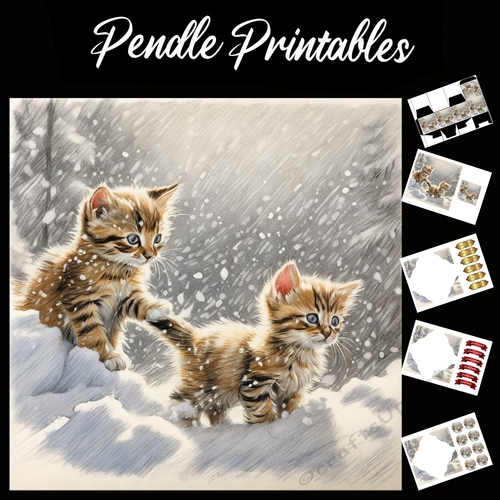 Playtime . Kitten Christmas Card. 7x7 card kit. Matching Box, Gift Bauble,Tag.