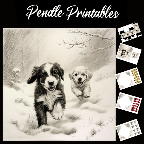 Puppies In The Snow. Puppy Christmas Card. 7x7 card kit. Matching Box, Gift Bauble,Tag.