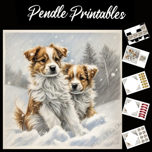 Playing In The Snow. Puppy Christmas Card. 7x7 card kit. Matching Box, Gift Bauble,Tag.