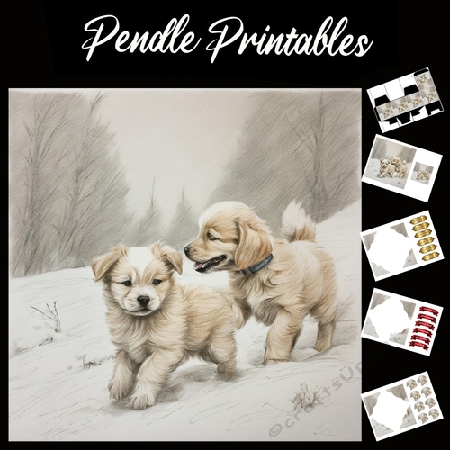 Fluffy Fun. Puppy Christmas Card. 7x7 card kit. Matching Box, Gift Bauble,Tag.
