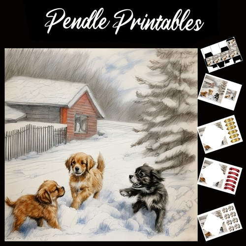 Collies In The Snow. Puppy Christmas Card. 7x7 card kit. Matching Box, Gift Bauble,Tag.