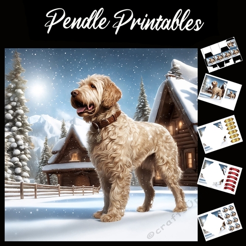 Waiting For Dad. Labradoodle Christmas Card. 7x7 card kit. Matching Box, Gift Bauble,Tag.