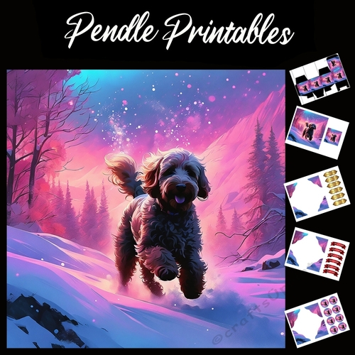 Dusk Run In The Snow. Labradoodle Christmas Card. 7x7 card kit. Matching Box, Gift Bauble,Tag.