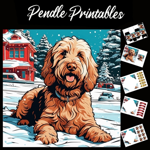 Just Chillin. Labradoodle Christmas Card. 7x7 card kit. Matching Box, Gift Bauble,Tag.