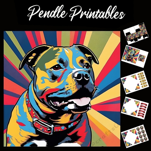 Technicolour Boy. Staffordshire Bull Terrier Christmas Card. 7x7 card kit. Matching Box, Gift Bauble,Tag.