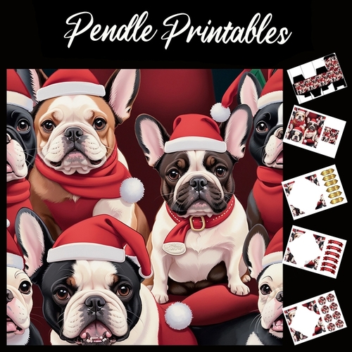 Pug Party. Pug Christmas Card. 7x7 card kit. Matching Box, Gift Bauble,Tag.