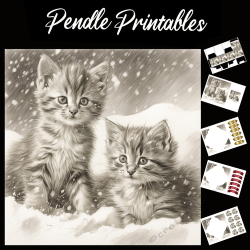 Wating For Santa. Kitten Christmas Card. 7x7 card kit. Matching Box, Gift Bauble,Tag.