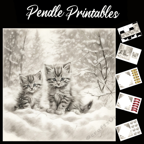 Fluffy And Fun. Kitten Christmas Card. 7x7 card kit. Matching Box, Gift Bauble,Tag.