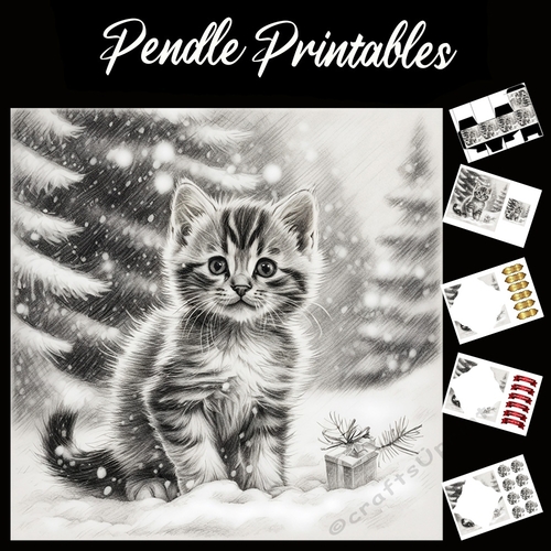 My Little Gift. Kitten Christmas Card. 7x7 card kit. Matching Box, Gift Bauble,Tag.