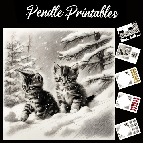 Sisters In The Snow. Kitten Christmas Card. 7x7 card kit. Matching Box, Gift Bauble,Tag.