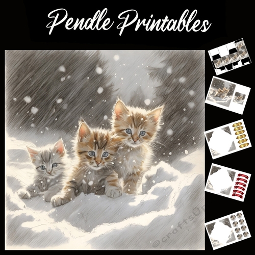 Triple Trouble. Kitten Christmas Card. 7x7 card kit. Matching Box, Gift Bauble,Tag.