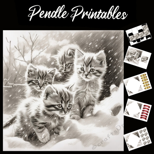 Heading Home. Kitten Christmas Card. 7x7 card kit. Matching Box, Gift Bauble,Tag.