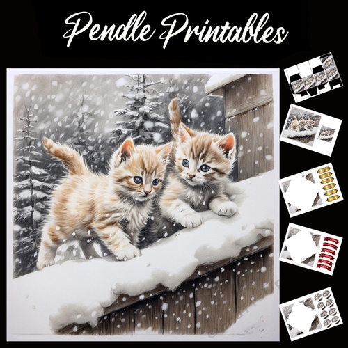 On The Fence. Kitten Christmas Card. 7x7 card kit. Matching Box, Gift Bauble,Tag.