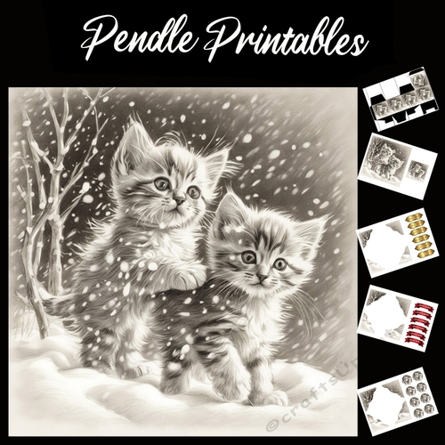 Piggyback Pussy. Kitten Christmas Card. 7x7 card kit. Matching Box, Gift Bauble,Tag.