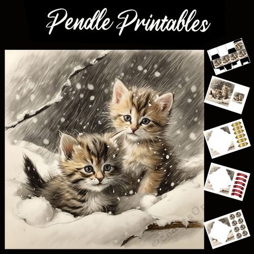 Tabby Terrors. Kitten Christmas Card. 7x7 card kit. Matching Box, Gift Bauble,Tag.