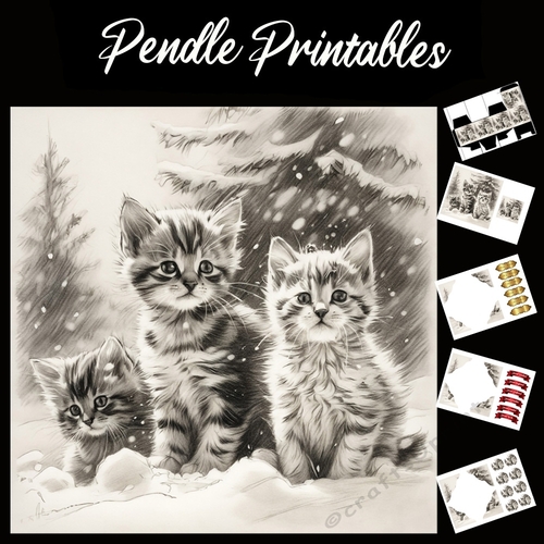 Teatime Tabbies. Kitten Christmas Card. 7x7 card kit. Matching Box, Gift Bauble,Tag.
