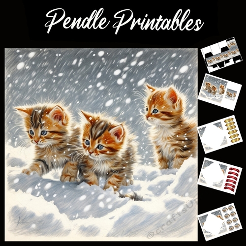 Ginger Gang. Kitten Christmas Card. 7x7 card kit. Matching Box, Gift Bauble,Tag.