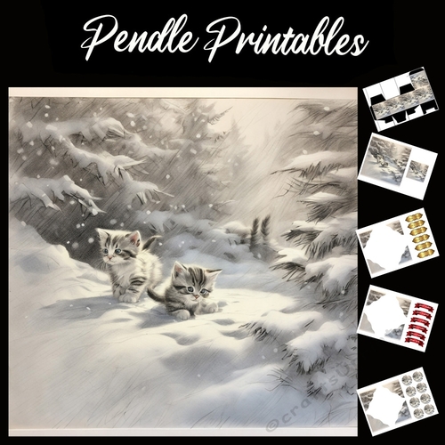 Homeward Bound. Kitten Christmas Card. 7x7 card kit. Matching Box, Gift Bauble,Tag.