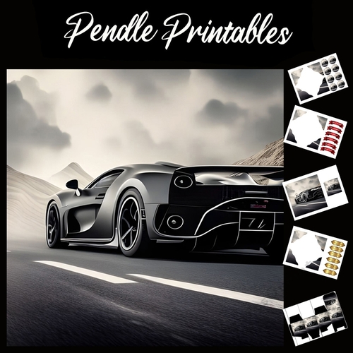 Black Super Car 7x7 Card Kit. Matching Box, Gift Bauble, Tag