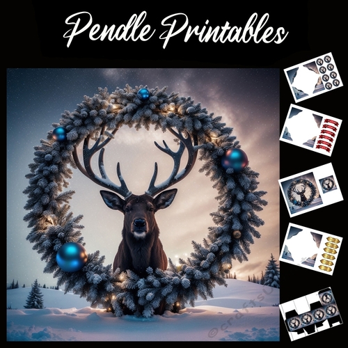 Christmas Snow Stag 7x7 Card Kit. Matching Box, Gift Bauble, Tag