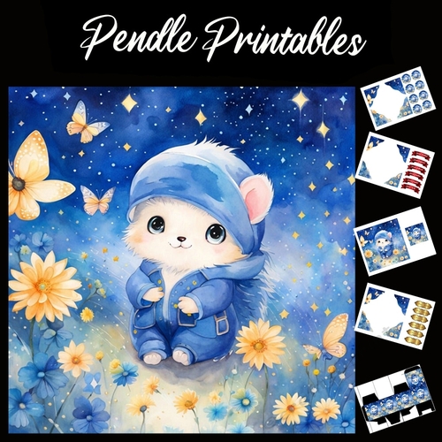 Cute Mouse In A Blue Outfit 7x7 Card Kit. Matching Box, Gift Bauble,Tag