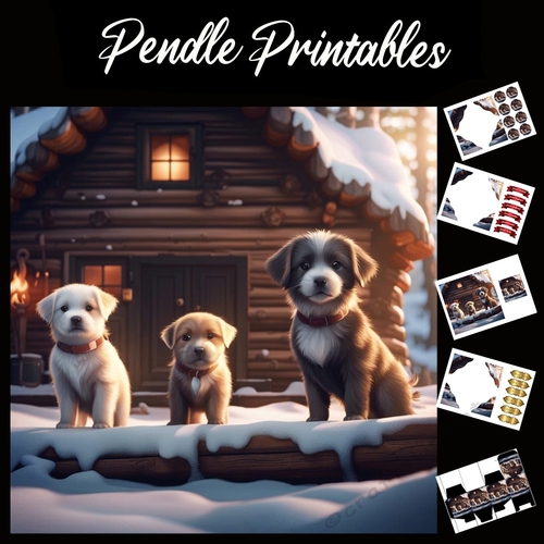 The Three Christmas Buddy Puppies 7x7 Card Kit. Matching Box, Gift Bauble,Tag