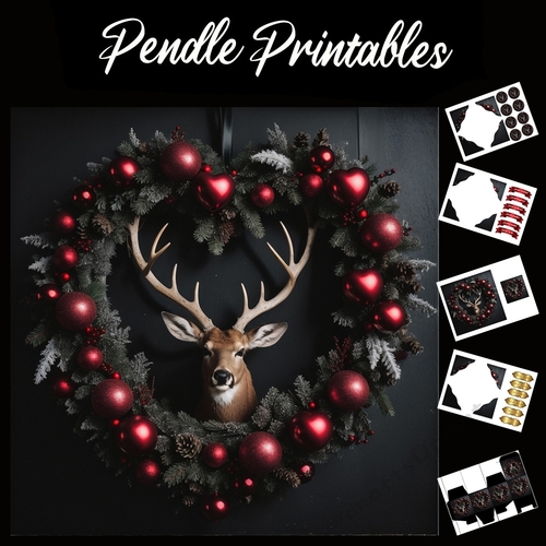 Gothic Style Stag Wreath 7x7 Card Kit. Matching Box, Gift Bauble,Tag