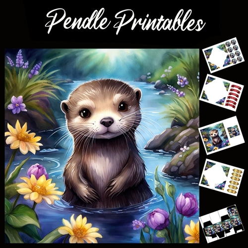 Just Splashing Around Cute Otter 7x7 Card Kit. Matching Box, Gift Bauble,Tag