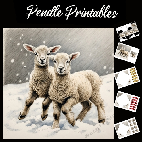 Frolicking Fun . Lambs Christmas Card. 7x7 card kit. Matching Box, Gift Bauble,Tag.