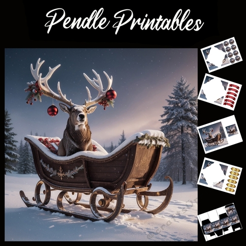 Santas Stubborn Reindeer 7x7 Card Kit. Matching Box, Gift Bauble,Tag