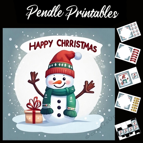 Happy Chrisstmas Excited Snowman 7x7 Card Kit. Matching Box, Gift Bauble,Tag
