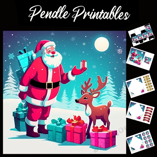 Counting The Presents .Santa Christmas Card. 7x7 card kit. Matching Box, Gift Bauble,Tag.
