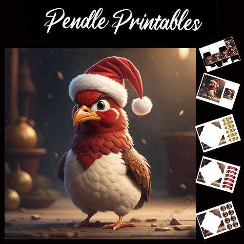 Charlie Chicken .Chicken Christmas Card. 7x7 card kit. Matching Box, Gift Bauble,Tag.