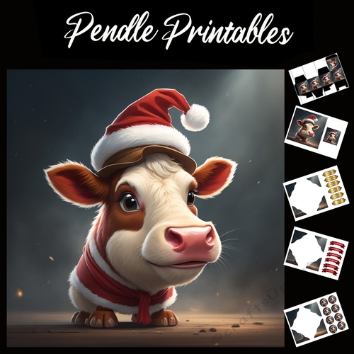 Mooey Christmas .Cow Christmas Card. 7x7 card kit. Matching Box, Gift Bauble,Tag.