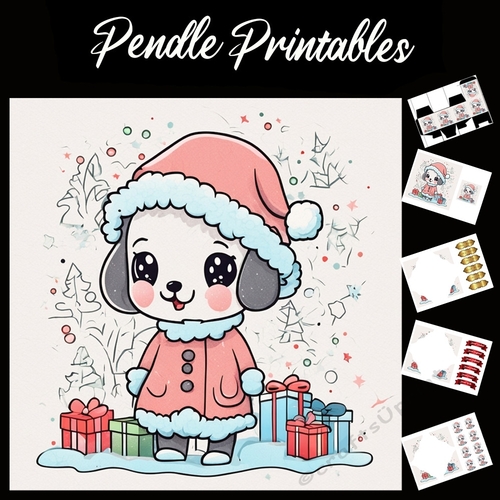 Puppy Princess .Puppy Christmas Card. 7x7 card kit. Matching Box, Gift Bauble,Tag.