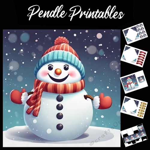The Cheerful Round Snowman 7x7 Card Kit. Matching Box, Gift Bauble,Tag