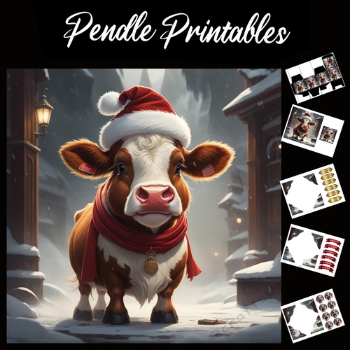Happy Xmas To Moo .Cow Christmas Card. 7x7 card kit. Matching Box, Gift Bauble,Tag.