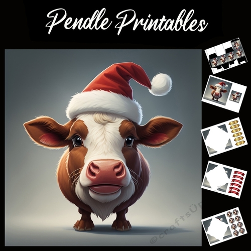 My Hats Moovaloose .Cow Christmas Card. 7x7 card kit. Matching Box, Gift Bauble,Tag.