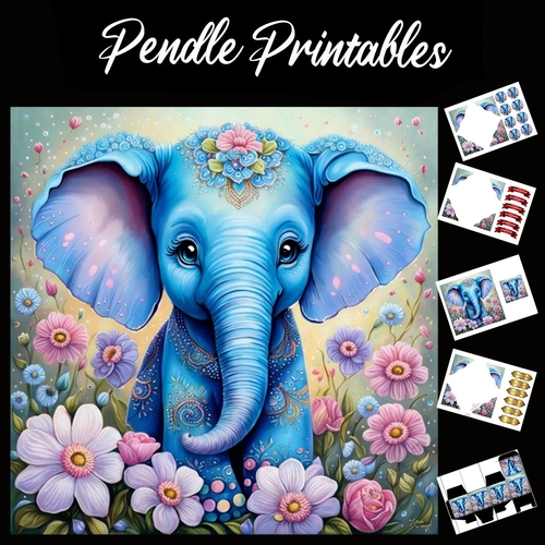 Beautiful Blue Flower Elephant 7x7 Card Kit. Matching Box, Gift Bauble,Tag