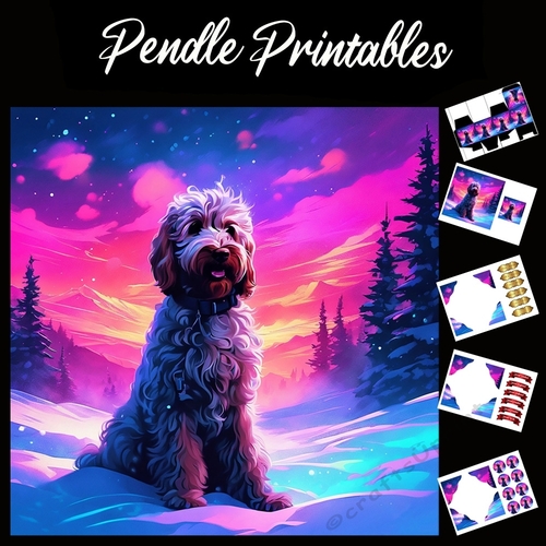 Sunset And Snow Labradoodle .Labradoodle Christmas Card. 7x7 card kit. Matching Box, Gift Bauble,Tag.
